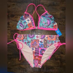 Vibrant Paisley Bikini with Pink Trim